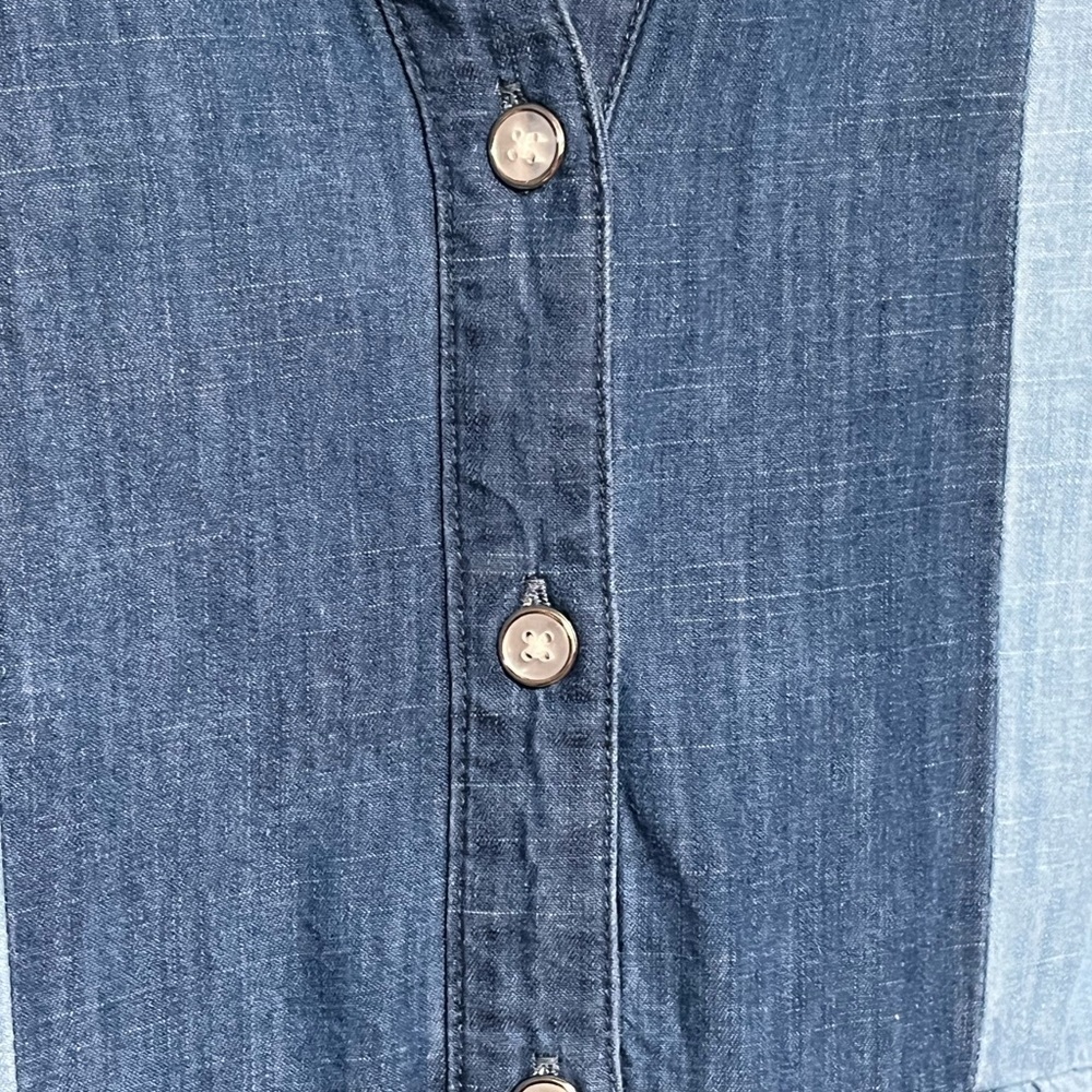 Patchwork Two-Tone Denim Smock Shirt Dress Tunic 3/4 Sleeve Flounce Hem Pockets - Picture 4 of 12